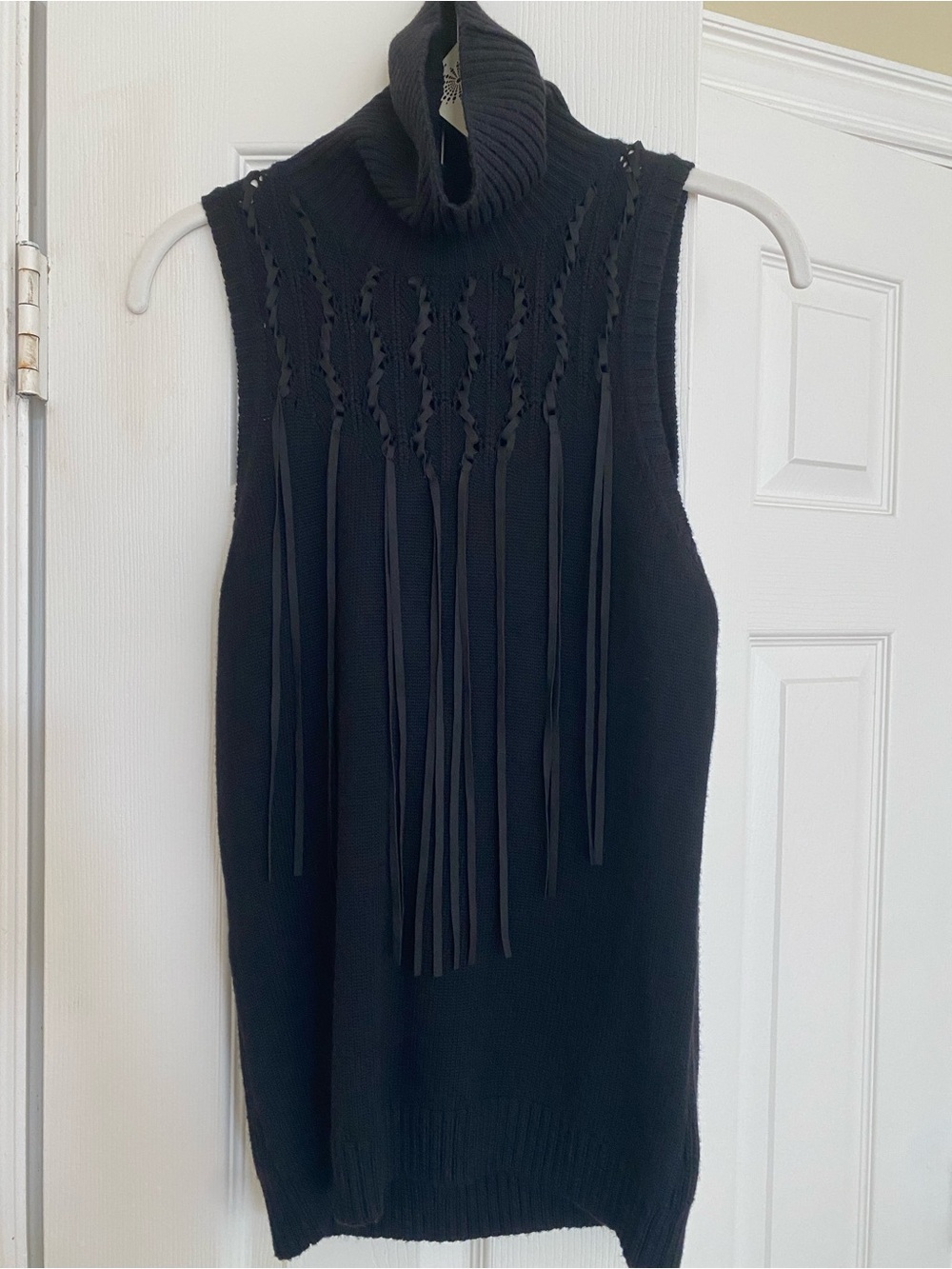 Ramy Brook Sabin Black Sleeveless Turtleneck Fringe Knit Top Soft Cashmere Blend